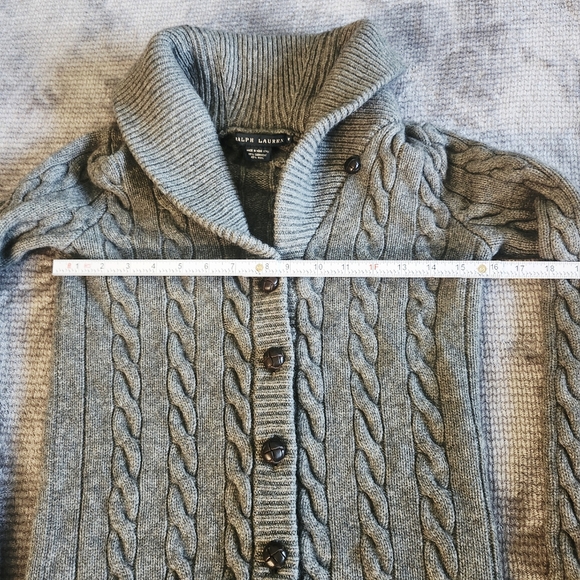 Ralph Lauren Gray Sweater Cardigan Cashmere Wool Button Up Collegiate Chunky Med - Picture 5 of 8